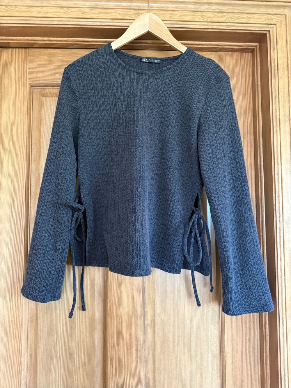 Zara Charcoal Ribbed Long-Sleeve Tie-Detail Top
